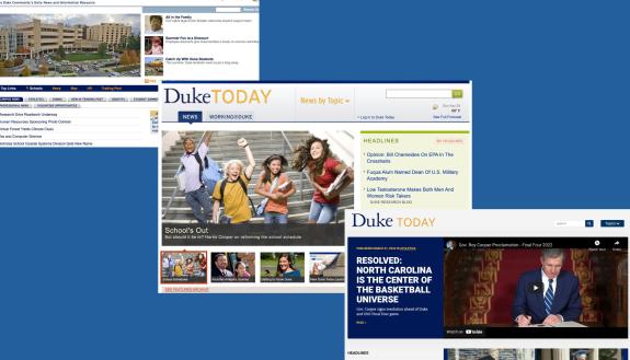 Evolution of a homepage: Duke in 2007, 2011 and 2022.