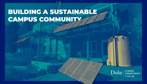 A stylized photo of the Duke Smart Home with solar panels, a cistern and a windmill highlighted with text that says, "Building a sustainable campus community," alongside the Duke Climate Commitment logo