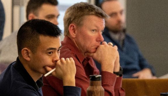 Jason Huang, Duke University student and U.S. Air Force Reserve Officer Training Corps cadet, participates in the first day of the “Academia-Military-Industry Hybrid Innovation” course at Duke University. (U.S. Air Force photo by Capt. Kip Sumner)