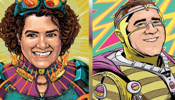 Lilly Goren and Nick Carnes drawn as Marvel comic heroes
