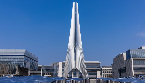 A 90-foot statue stands at the new main entrance to the Duke Kunshan University campus.