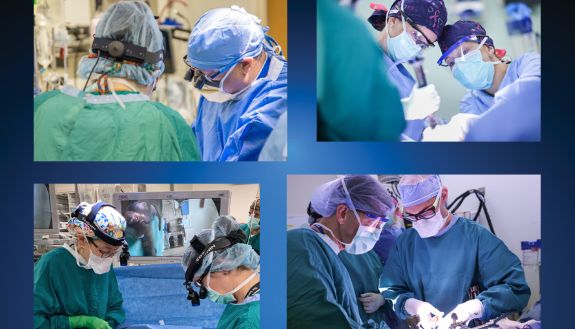 Clockwise from left to right, Duke surgeons Dr. Chandler Long, Dr. Betty C. Tong, Dr. Dan Blazer III and Dr. Laura H. Rosenberger concentrate in the operating room. Photos courtesy of Duke Health.