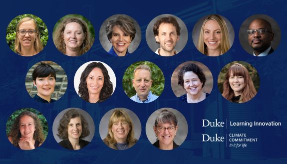 Collage of headshots of faulty members with logos for Duke Learning Innovation and Duke Climate Commitment