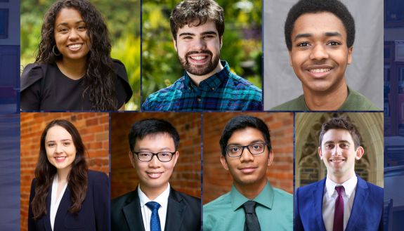 Winners of nationally competitive awards in 2023: Clockwise from top left: Sydney Hunt, Quinn Smith, Cole Walker, Adam Israelevich, Shreyas Hallur, Qi Xuan Khoo and Alexandra Bennion.