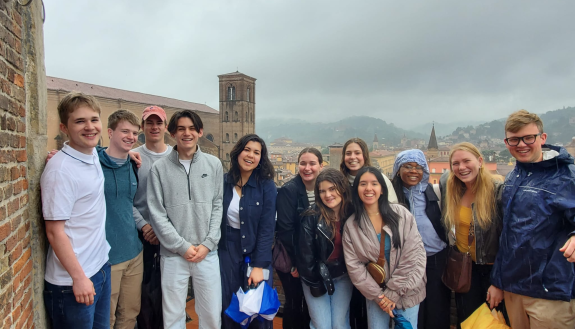 A group of Duke students atop the Bologna Clock Tower in Italy. 