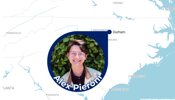 Photo of Duke student alex Pieroni over a map of Durham, NC
