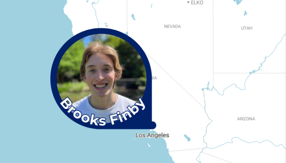 A photo of Duke student Brooks Finby and a map of Los Angeles, California.