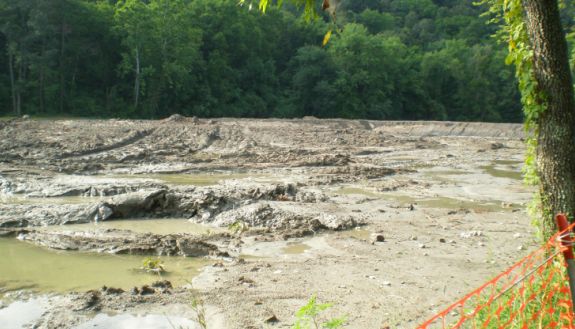 Leftover sludge from the 2008 coal ash spill at the Kingston TVA power plant. New research indicates that the nanoscale structure of the coal ash plays a large part in whether or not toxic chemicals can leach into the environment from such events.