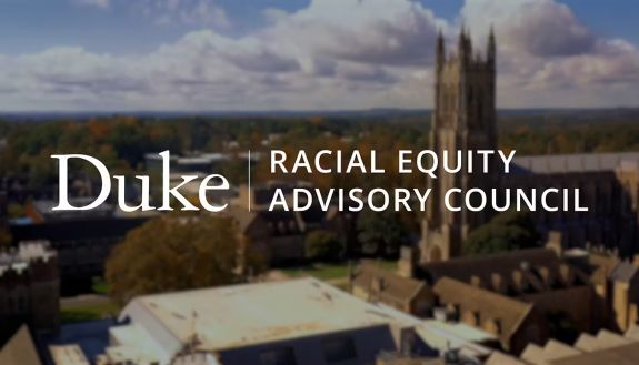 Racial Equity Advisory Council logo over blurred aerial of Duke Chapel - video thumbnail