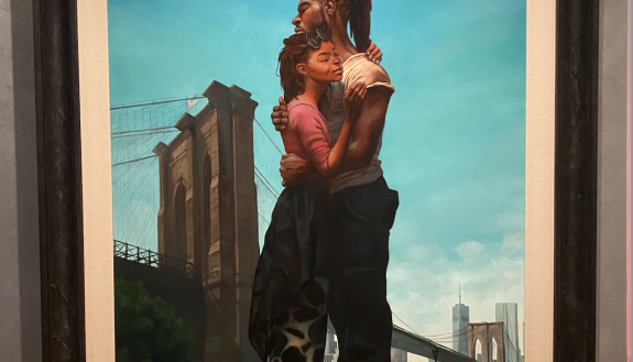 A painting of a couple embracing with New York City in the background