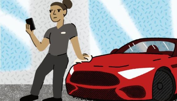 Graphic of person leaning on fancy car