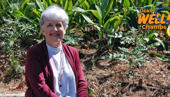 Lesley Stanford sits in the W.L. Culberson Asiatic Arboretum, one of her favorite spots at Sarah P. Duke Gardens. Photo by Jack Frederick.