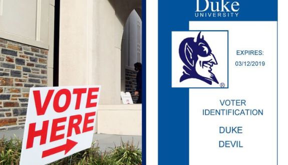 Left, Vote Here sign. Right, a facsimile of the Duke student voter ID card