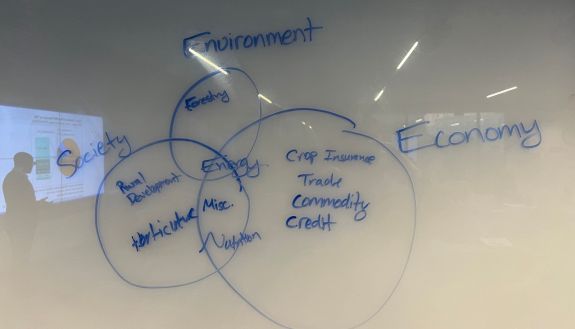 Handwriting on whiteboard showing Venn diagram. Environment, Economy and Society are outside the circles. Forestry, Crop Insurance, Trade, Commodity, Credit, Rural Development and Horticulture are in primary circles. Misc. and Nutrition lie between Society and Economy. Energy is in central circle, connected to all other ideas. To the left is a reflection of the someone standing in the room in front of a slide projection.