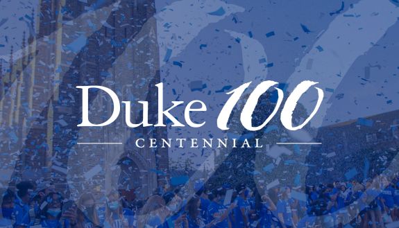 Duke 100 centennial: logo over background of Duke Chapel
