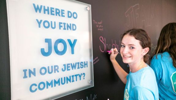 Student with sign that reads: Where do you find joy in our Jewish community?