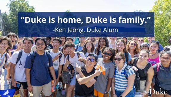Video placeholder image showing Ken Jeong posing in front of a crowd of undergraduates with his quote, "Duke is home. Duke is family." overlayed.