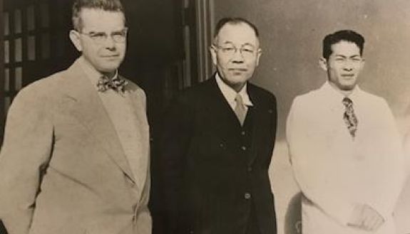 From left Dr. Warner Wells with Dr. Michihiko Hachiya and one other person