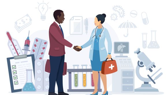 Graphic of scientist and business person shaking hands