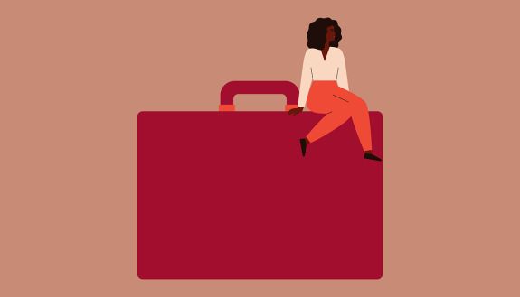 graphic of female business woman sitting on top of suitcase