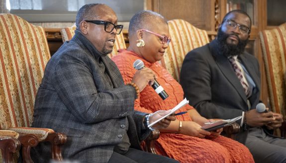 Mark Anthony Neal (Duke), Adriane Lentz-Smith (Duke) and Brandon Winford (University of Tennessee, Knoxville) panel the discussion “Durham, Duke, NCCU and Scholarship in the Jim Crow South” at a joint Duke-NCCU symposium honoring the legacy of John Hope Franklin.