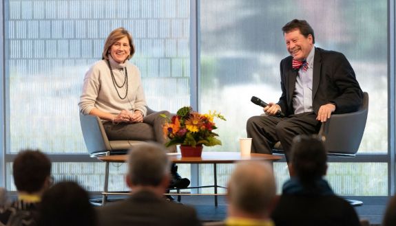Mary Klotman, executive vice president for health affairs and dean of Duke University School of Medicine, discusses public trust in science during a “fireside chat” with Robert M. Califf, commissioner of the U.S. Food and Drug Administration. 