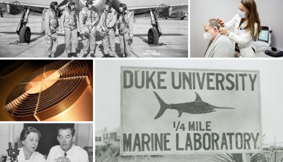 Photos from Duke inventions across the century: Special flight outfits, cochlear implants, the duke Marine Lab, the first vaccine for horses, 