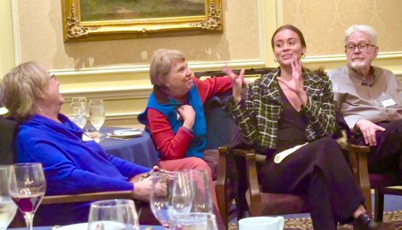 Duke undergraduate Sophie Smith speaks with, from left, Carol Hamilton, Betsy Alden and Alan Teasley at a recent dinner that promoted “intergenerational conversations” be-tween Duke students and OLLI members.