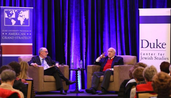 Bruce Jentleson interviews former Ambassador Daniel Kurtzer about the conflicts in the Middle East. Photo by Huth Photo