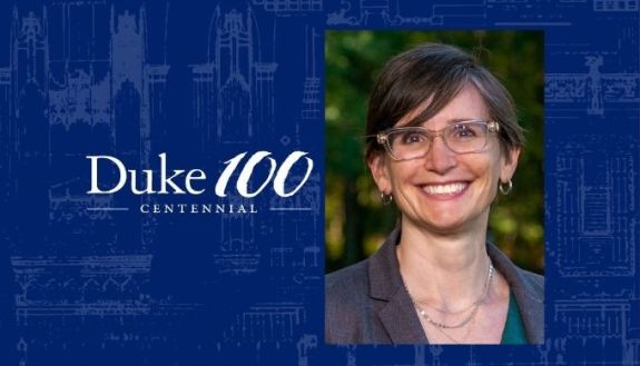 Duke 100 Centennial logo with Toddi Steelman photo