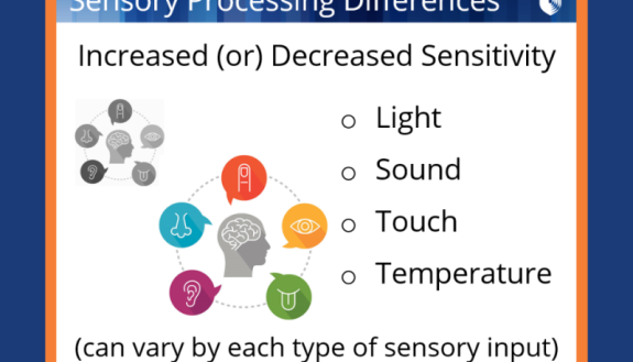 Senssory Processing Diffferences: Increased (or) decreased sensitivity. Light, Sound Touch, Temperature