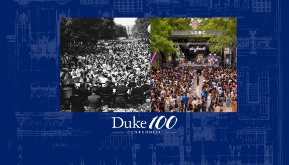 Duke 100 centennial showing concert from the 50s on left and current concert on the right