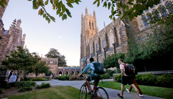 Students walk on Duke's campus