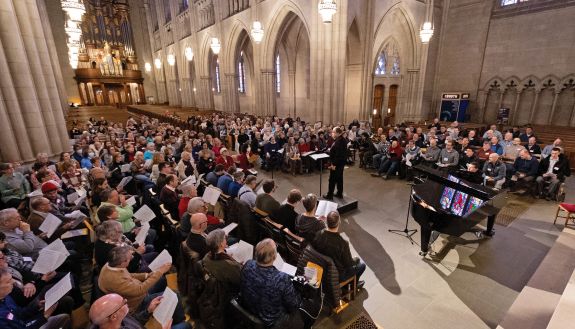 Guest artist Anton Armstrong, Professor of Music at St. Olaf College, leads a choral clinic on sacred music at Duke Chapel in January 2024