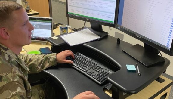 A military officer using the EZTrain software launched by a trio of Duke students through a Duke Engineering class