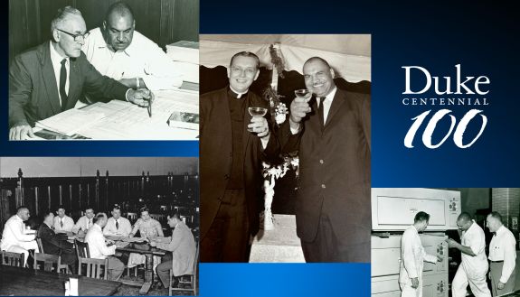 A collage of photos showing Bill Jones, Duke's first Black supervisor, along with the Duke Centennial logo