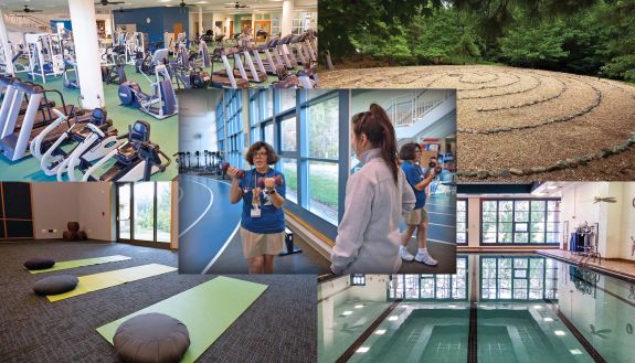 A collage featuring photos of a gym, a labyrinth, a pool, a yoga room and people working out.