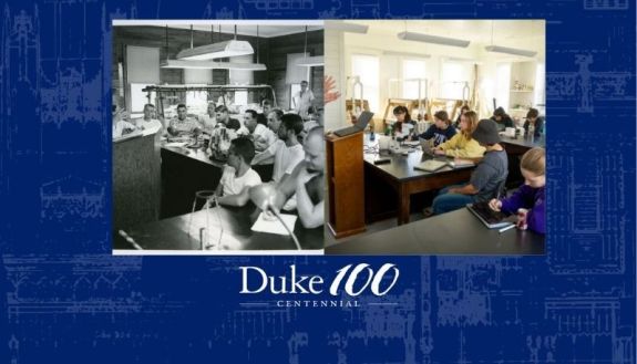 Duke 100 Centennial: an archival picture of a Marine Lab class on the left and a current day one on the right