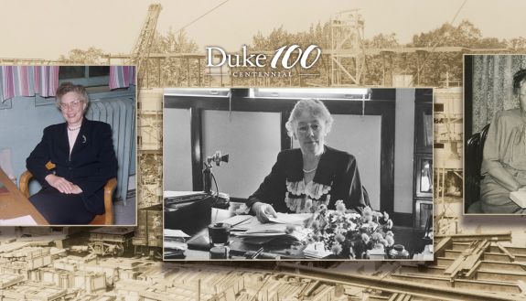 Three women pose in three separate photos from various eras at Duke University, with a black and white photo of building construction in the background