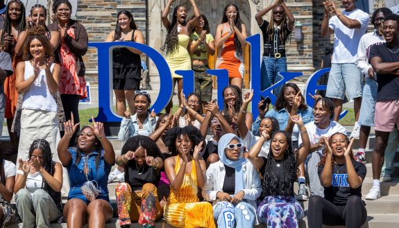 students gather on Duke Chapel steps