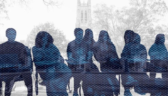 Duke's campus is the faded grey background. In the foreground are seated figures in a blue/black duo-tone, so their features are blurred.