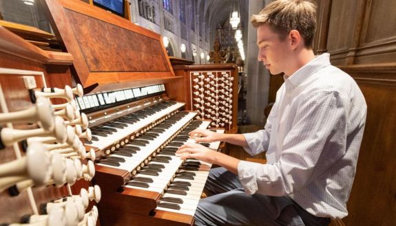 Duke junior Bradley Bowen plays the Chapel's Aeolian organ.