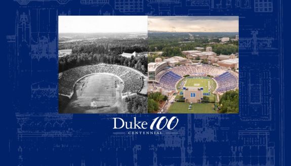 Archival photo of Wallace Wade Stadium on left, current day on right