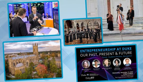 A collage of photos includes a picture of Duke Chapel, a musical quartet standing on the steps of a building, a chorus group standing in performance robes, an event listing for Entrepreneurs at Duke and two men examining a product on a table at an exhibition., 