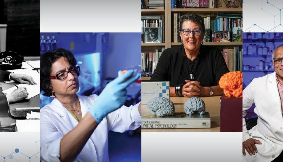 Photos of four Duke inventors include a black-and-white photo of a man at his desk, a woman in a lab coat holding a lab instrument aloft, a woman sitting at a desk, and a man sitting in a lab with a microscope at his side.