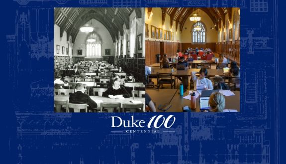 Archival image of reading room on left and current day on right