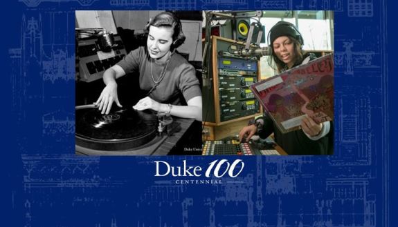 Duke 100, an archival image of a woman DJ on the left and current DJ on the right