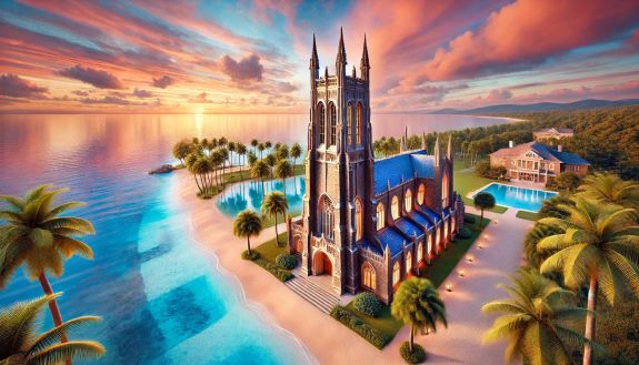 AI version of Duke chapel on the beach