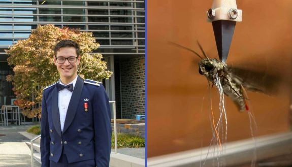 Matthew LaRosa on the left in uniform and on the right a moth