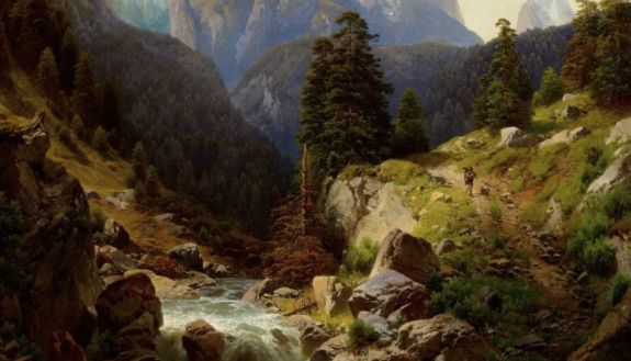 Adalbert Waagen, detail of IR Hunting in the Alps, 1865. Oil on canvas, 52 x 41 1/2 inches (132.1 x 105.4 cm), Frame: 63 1/4 x 52 1/2 x 3 1/2 inches (160.7 x 133.4 x 8.9 cm). Collection of the Nasher Museum of Art at Duke University. Museum purchase, 2002.16.2. Photo by Peter Paul Geoffrion.